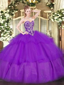 Purple Ball Gown Prom Dress Military Ball and Sweet 16 and Quinceanera with Beading and Ruffled Layers Sweetheart Sleeve