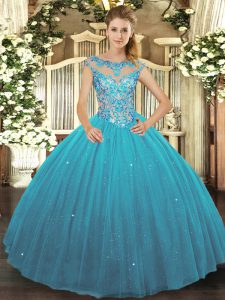 Tulle Scoop Sleeveless Lace Up Beading Sweet 16 Dresses in Teal