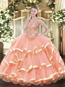 Great Peach Ball Gowns Organza Sweetheart Sleeveless Appliques and Ruffled Layers Floor Length Lace Up Quinceanera Dress