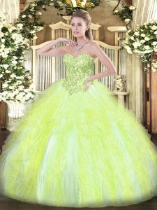 Pretty Yellow Green Ball Gowns Tulle Sweetheart Sleeveless Appliques and Ruffles Floor Length Lace Up Sweet 16 Quinceane