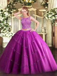Fuchsia Two Pieces Scoop Sleeveless Tulle Floor Length Lace Up Beading and Appliques Vestidos de Quinceanera