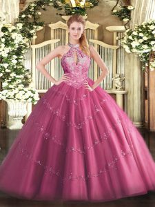 Shining Sleeveless Floor Length Lace and Appliques Lace Up Sweet 16 Dresses with Hot Pink