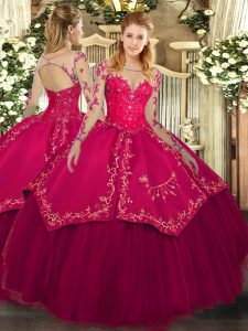 High End Organza and Taffeta Scoop Long Sleeves Lace Up Lace and Embroidery Ball Gown Prom Dress in Wine Red