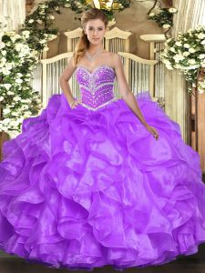 Spectacular Sleeveless Floor Length Beading and Ruffles Lace Up Quinceanera Dress with Lavender