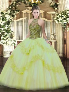 Floor Length Lace Up Sweet 16 Dress Light Yellow for Military Ball and Sweet 16 and Quinceanera with Beading and Appliqu