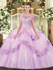 Superior Sleeveless Tulle Floor Length Clasp Handle Quinceanera Gowns in Lilac with Beading and Appliques