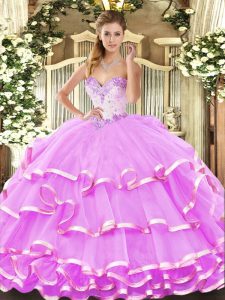 Lilac Ball Gowns Sweetheart Sleeveless Organza Floor Length Lace Up Beading and Ruffled Layers Quinceanera Dress