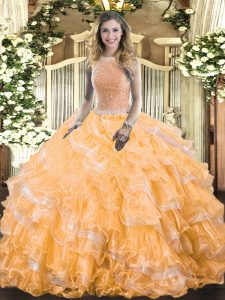 Excellent Orange Ball Gowns Organza High-neck Sleeveless Beading and Ruffled Layers Floor Length Lace Up Quinceanera Gow