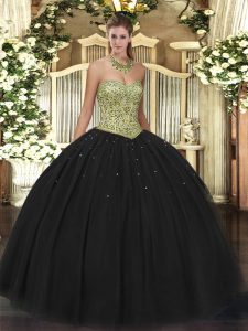 Sleeveless Tulle Floor Length Lace Up Sweet 16 Dresses in Black with Beading
