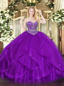 Fancy Eggplant Purple Ball Gowns Sweetheart Sleeveless Tulle Floor Length Lace Up Ruffles Quinceanera Dresses