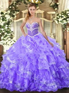 Sweetheart Sleeveless 15th Birthday Dress Floor Length Beading and Ruffled Layers Lavender Organza