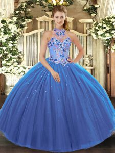 Free and Easy Floor Length Blue Quinceanera Dresses Halter Top Sleeveless Lace Up