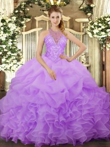Beautiful Lavender Ball Gowns Organza Halter Top Sleeveless Beading and Ruffles and Pick Ups Floor Length Lace Up 15 Qui