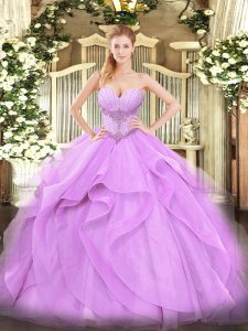Simple Lavender Sweetheart Neckline Beading and Ruffles 15th Birthday Dress Sleeveless Lace Up