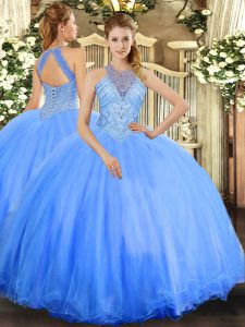 Shining Ball Gowns Sweet 16 Dress Blue Halter Top Tulle Sleeveless Floor Length Lace Up