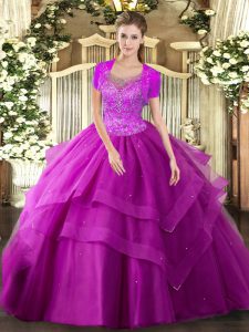Wonderful Sleeveless Tulle Floor Length Clasp Handle Ball Gown Prom Dress in Fuchsia with Beading and Ruffles
