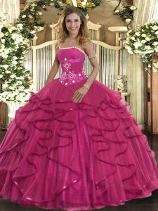 Strapless Sleeveless Vestidos de Quinceanera Floor Length Beading and Ruffles Hot Pink Tulle