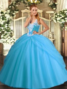 Suitable Ball Gowns 15th Birthday Dress Aqua Blue Straps Tulle Sleeveless Floor Length Lace Up