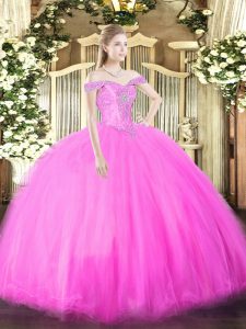 Attractive Sleeveless Tulle Floor Length Lace Up Ball Gown Prom Dress in Fuchsia with Beading