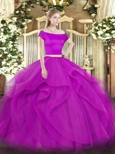 Tulle Off The Shoulder Short Sleeves Zipper Appliques and Ruffles Ball Gown Prom Dress in Fuchsia