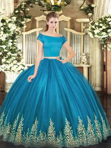 Off The Shoulder Short Sleeves Zipper Sweet 16 Quinceanera Dress Teal Tulle