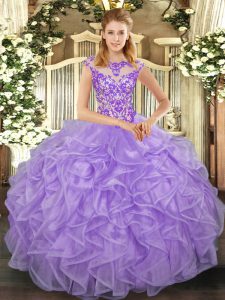 Stunning Lavender Scoop Lace Up Beading and Appliques and Ruffles Sweet 16 Dress Cap Sleeves