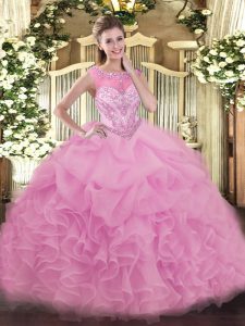 Noble Lilac Ball Gowns Organza Scoop Sleeveless Beading and Ruffles Floor Length Lace Up Sweet 16 Dresses