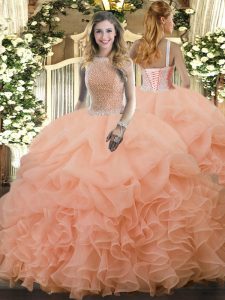 Peach Vestidos de Quinceanera Military Ball and Sweet 16 and Quinceanera with Beading and Ruffles and Pick Ups High-neck