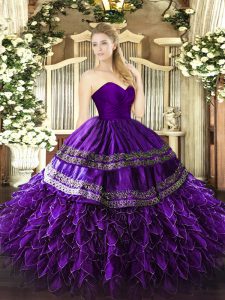 Purple Organza and Taffeta Zipper Quinceanera Gowns Sleeveless Floor Length Embroidery and Ruffles