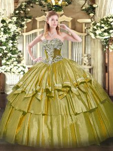 Olive Green Lace Up 15 Quinceanera Dress Beading and Ruffled Layers Sleeveless Floor Length