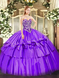 Floor Length Purple Quinceanera Dress Organza and Taffeta Sleeveless Beading and Ruffled Layers
