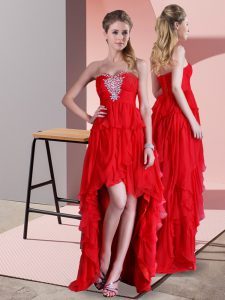High Quality Chiffon Sweetheart Sleeveless Sweep Train Lace Up Beading Evening Dress in Red