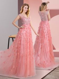 Classical Tulle V-neck Sleeveless Sweep Train Zipper Beading and Appliques Prom Gown in Pink