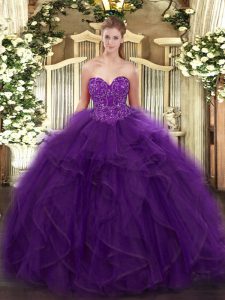 Purple Ball Gowns Ruffles Quinceanera Dress Lace Up Organza Sleeveless Floor Length
