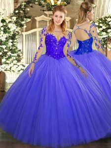 Hot Selling Tulle Scoop Long Sleeves Lace Up Lace Quinceanera Dresses in Blue