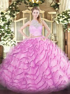 Rose Pink Scoop Zipper Lace and Ruffled Layers Quinceanera Dress Brush Train Sleeveless