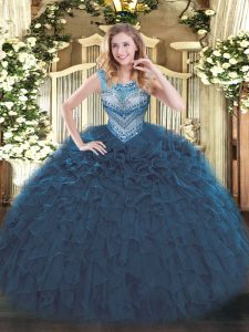 Hot Selling Navy Blue Organza Lace Up Quince Ball Gowns Sleeveless Floor Length Beading and Ruffles