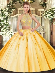 Fantastic Gold Two Pieces Halter Top Sleeveless Tulle Floor Length Criss Cross Beading and Appliques Sweet 16 Dress