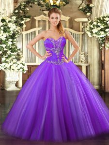 Custom Made Sleeveless Tulle Floor Length Lace Up Quinceanera Dresses in Eggplant Purple with Beading