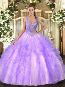 Beading and Ruffles Sweet 16 Quinceanera Dress Lavender Lace Up Sleeveless Floor Length