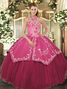 Ball Gowns Sweet 16 Dress Coral Red Halter Top Satin and Tulle Sleeveless Floor Length Lace Up