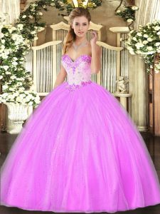 Customized Floor Length Lace Up 15 Quinceanera Dress Lilac for Military Ball and Sweet 16 and Quinceanera with Beading