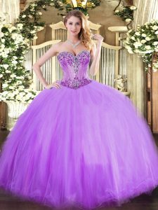 Lavender Ball Gowns Sweetheart Sleeveless Tulle Floor Length Lace Up Beading Sweet 16 Dress