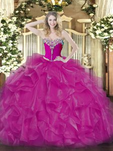 Fuchsia Ball Gowns Beading and Ruffles 15th Birthday Dress Lace Up Organza Sleeveless Floor Length