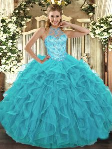 Floor Length Aqua Blue 15th Birthday Dress Halter Top Sleeveless Lace Up