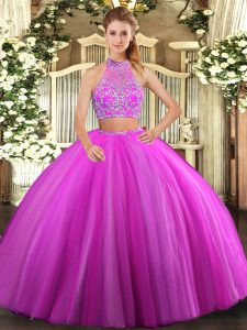 Sleeveless Tulle Floor Length Criss Cross Ball Gown Prom Dress in Fuchsia with Beading