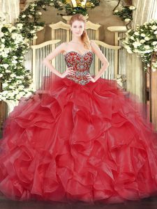 Fashion Beading Sweet 16 Dress Coral Red Lace Up Sleeveless Floor Length