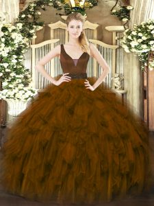 Shining Brown Sleeveless Organza Zipper Quinceanera Gown for Military Ball and Sweet 16 and Quinceanera