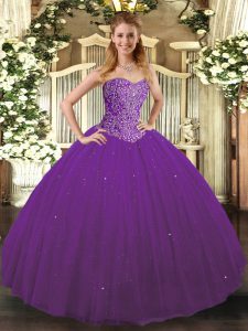 Floor Length Lace Up Quinceanera Gowns Purple for Military Ball and Sweet 16 and Quinceanera with Beading