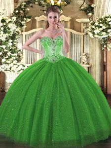 Enchanting Green Ball Gowns Tulle and Sequined Sweetheart Sleeveless Beading Floor Length Lace Up Sweet 16 Dress